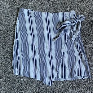 White and navy striped high waisted skirt faux wrap